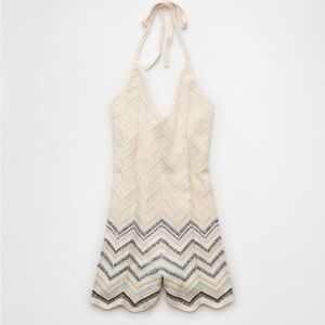 AE Cream and Blue Chevron Knit Halter Romper